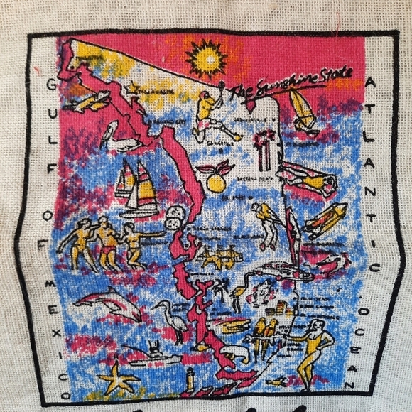 NWOT Vintage Florida graphic wood handle woven large reusable tote beach bag - Picture 4 of 9